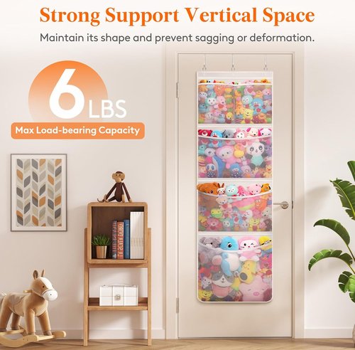 Lifewit Stuffed Animal Storage - Over The Door Organizer with 5 Expandable Mesh Pockets | White, 167 cm High