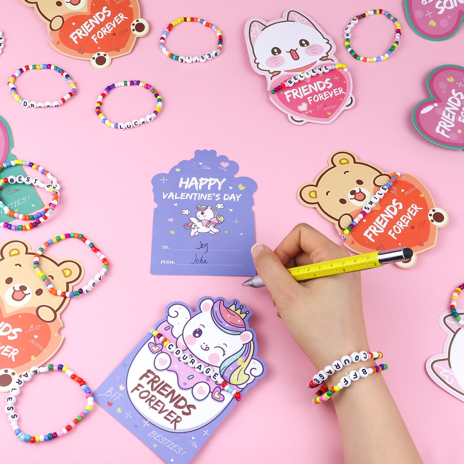 Valentines Day Cards for Kids, 24 Pack Valentines Gift Classroom Cards with Galentines Friendship Bead Bracelets, Valentines Gift Exchange for Boys Girls, Valentines Party Favors Supplies for Kids
