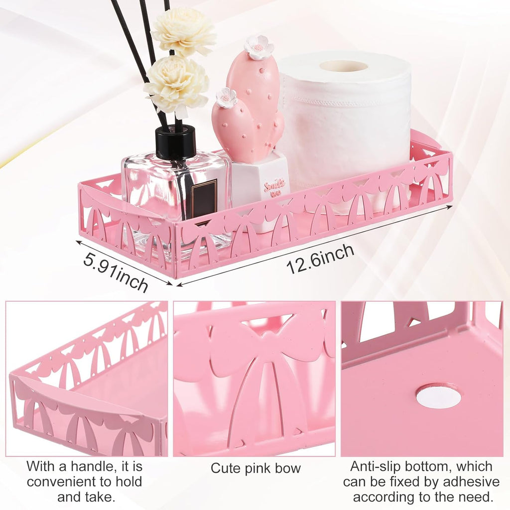 Skiennix Pink Bow Toilet Paper Basket - Cute Metal Holder with Handle | Stylish Bathroom Storage Organizer