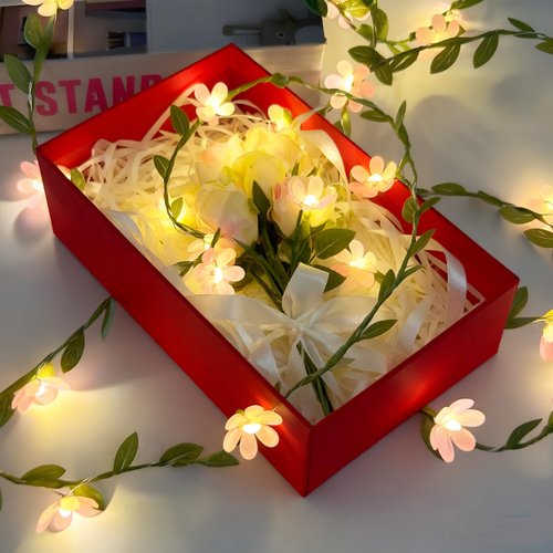 YEAMAR Pink Flower String Lights Tiny Leaf Ivy String Lights 9FT with 30 Flower Lights Battery Powered Waterproof Pink Fairy Lights for Outdoor Garden,Wedding Bedroom Party Wall Décor (8 Mode)