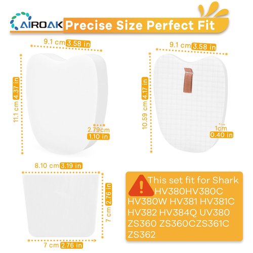 HV380 Filters for Shark Rocket DuoClean Vacuum HV380 HV380C HV380W HV381 HV381C HV382 HV384Q UV380 ZS360 ZS360C ZS361C ZS362, 4 Foam & Felt Filters 4 Post-Filters Replace Part # XPMFK320 & XPSTFH380
