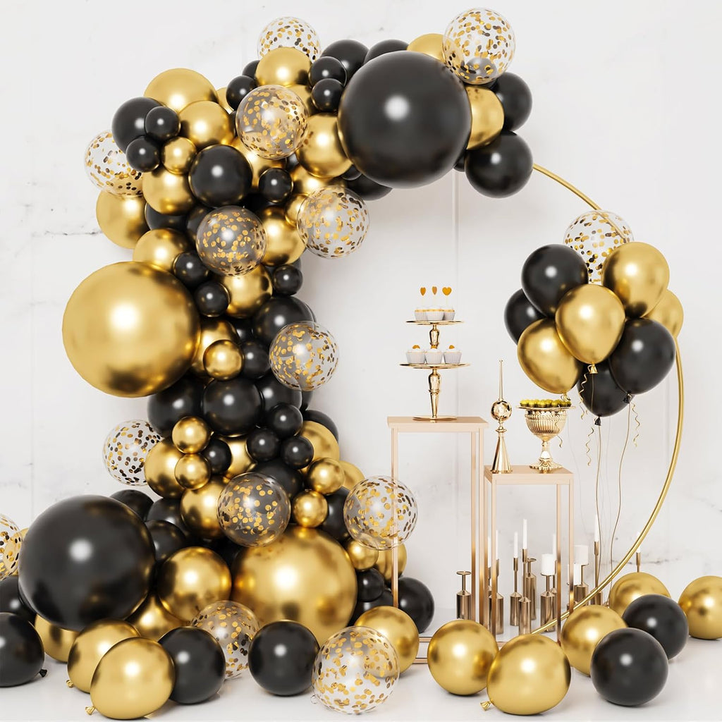 RUBFAC Black and Gold Balloons - 130pcs Graduation Decorations | Metallic Confetti Arch Kit for Parties