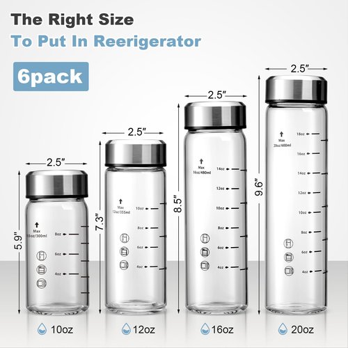 Olivego 16oz Glass Juice Bottles - 6 Pack Wide Mouth Glass Bottles with Lids- BPA Free, Stainless Steel Lids for Juicing, Smoothies, Infused Water, Beverage Storage - Leakproof, Borosilicate, Clear