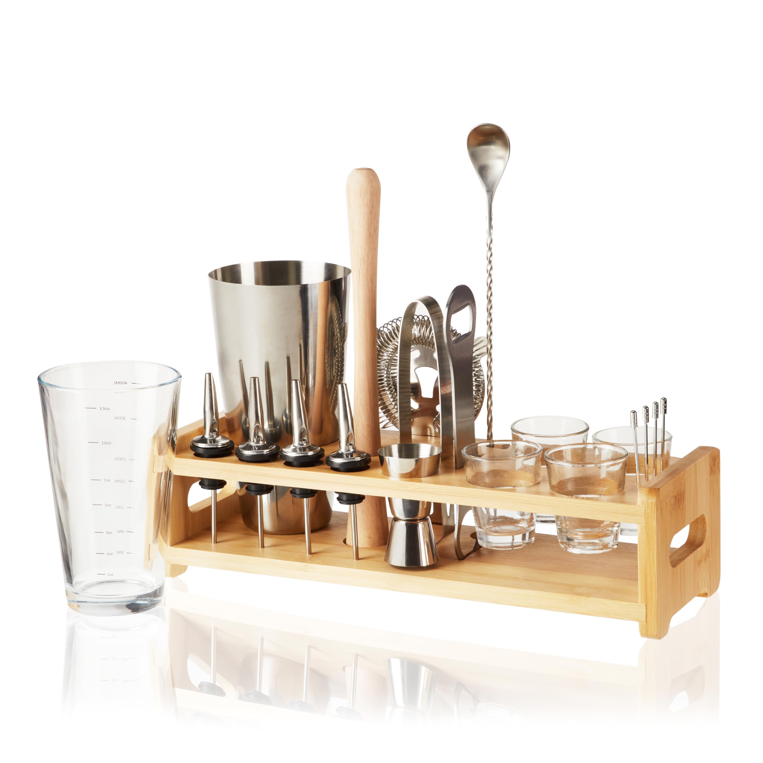 True 20-Piece Cocktail Shaker Bar Set with Wooden Stand Includes Boston Shaker, Mixing Glass, Muddler, Jigger, Strainer, Bartender Kit for Mixed Drinks, Cold Brew Cocktails, Home Bar Tools