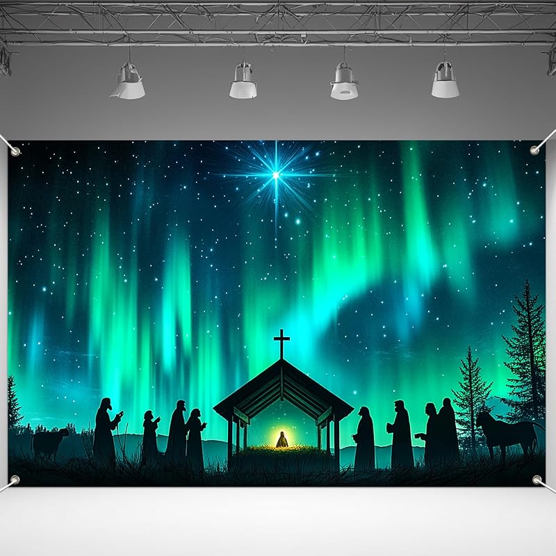 Nativity Banner 71x43 in with Bethlehem Star – Christmas Backdrop, Aurora Silhouette (Variation: Nativity Aurora Silhouette)