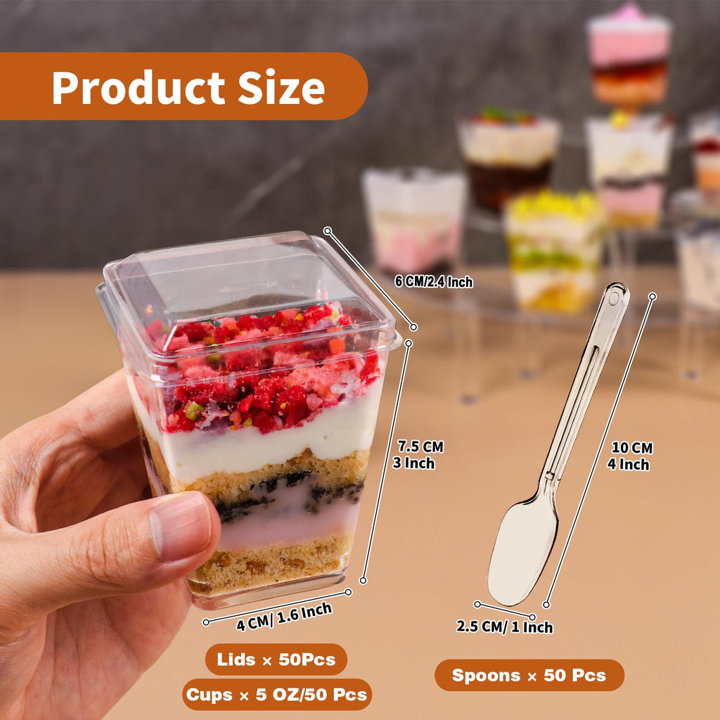 LifeIdeas 150 Pcs Mini Dessert Cups with Spoons and Lids, 5 Oz Square Vasitos Para Postres, Shooters Cups for Party, Clear Yogurt Parfait Cups for Pudding, Fruit, Mousse, Snacks & Appetizers