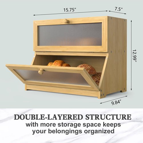 LOHASOK Bamboo Bread Box for Kitchen Countertop, Double Layer Large Bread Storage Container for Homemade Bread with Window & Lid, Bread Keeper Holder,Wood Color