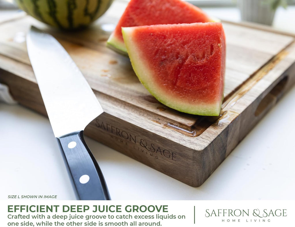 Saffron & Sage Large Wood Cutting Board - Thick 16 x 12 x 1.5 Inch Acacia with Deep Juice Groove | Reversible Chopping & Charcuterie Board