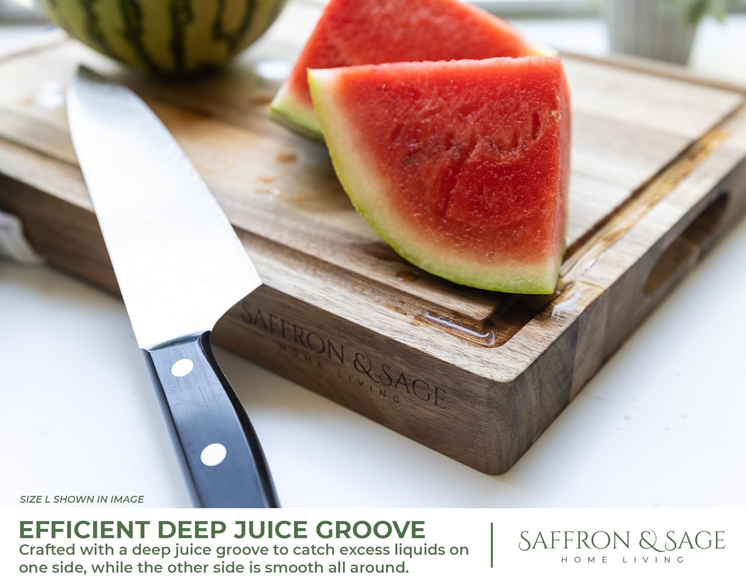 Saffron & Sage Large Wood Cutting Board - Thick 16 x 12 x 1.5 Inch Acacia with Deep Juice Groove | Reversible Chopping & Charcuterie Board