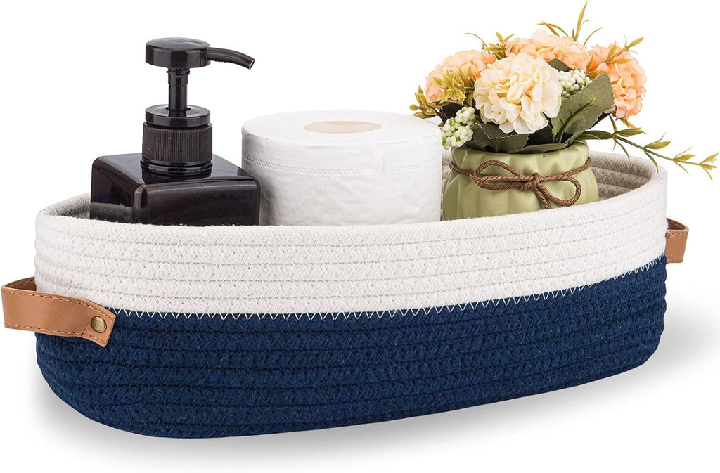 Skiennix Woven Toilet Storage Basket - Farmhouse Decor for Organizing | 13"x5.9"x4" Navy Stitching