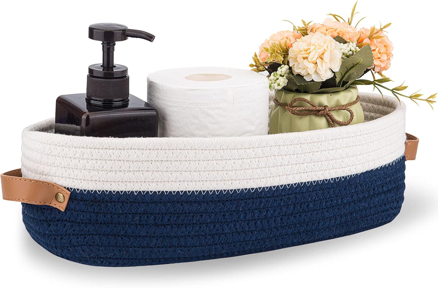 Skiennix Woven Toilet Storage Basket - Farmhouse Decor for Organizing | 13"x5.9"x4" Navy Stitching