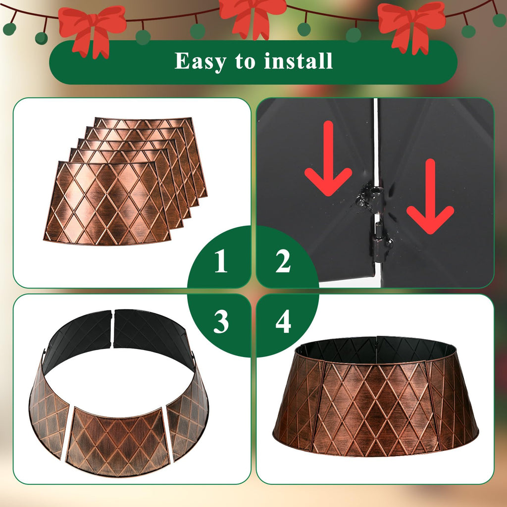 Lanpn Metal Christmas Tree Collar 24 inch, Christmas Tree Ring Collar for Small Mini Pencil Xmas Stand Cover Real Artificial Trees Indoor Outdoor Decoration (Copper, Diamond)