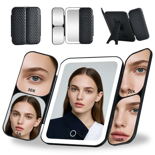 Junyaoxuan Tri-fold Vanity Mirror with Light,Rechargeable Travel Makeup Mirror with 5X/10X/20X/30X Magnifying Mirror,Touch Screen Dimming Light Up Vanity Mirrors for Travel Home,Black