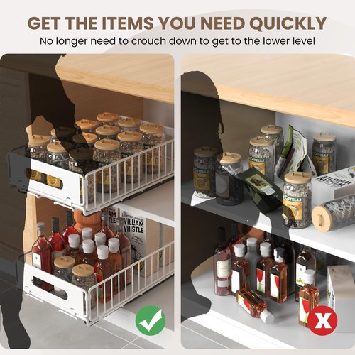 NECHEGI Pull Out Cabinet Organizer, 4 Pack Heavy Duty Slide Out Drawers Pantry Shelves Fixed With Strong Adhesive Glue and Handle for Kitchen, Living Room, Bathroom, Home (14.8" D X 9.6" W X 3.9" H)