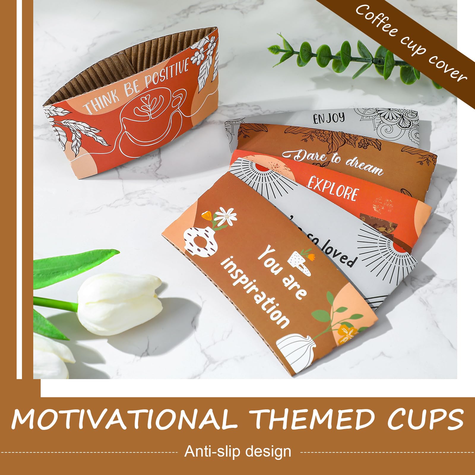 Dingion 200 Pack Coffee Cup Sleeves Corrugated Cardboard Motivational Disposable Sleeve for Inspiring Cold or Hot Beverage Chocolate Coffee Tea, Fits 12oz 16oz Paper Cups