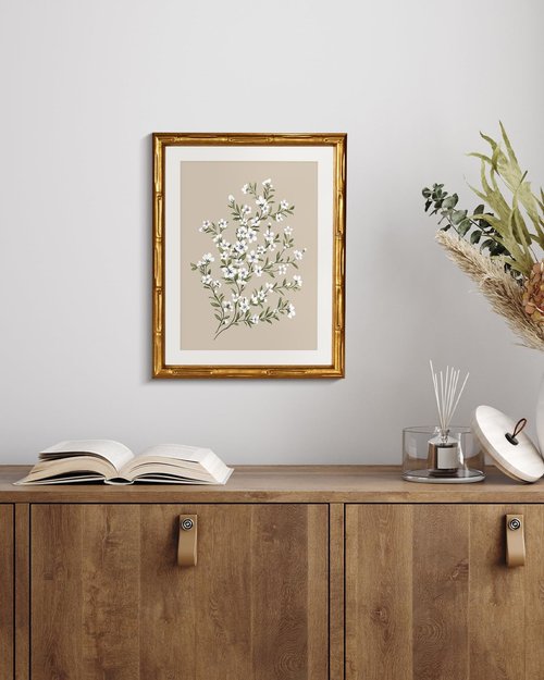 Framed White Flower Canvas Print | Minimalist Botanical Art with Gold Bamboo Frame - 11x14