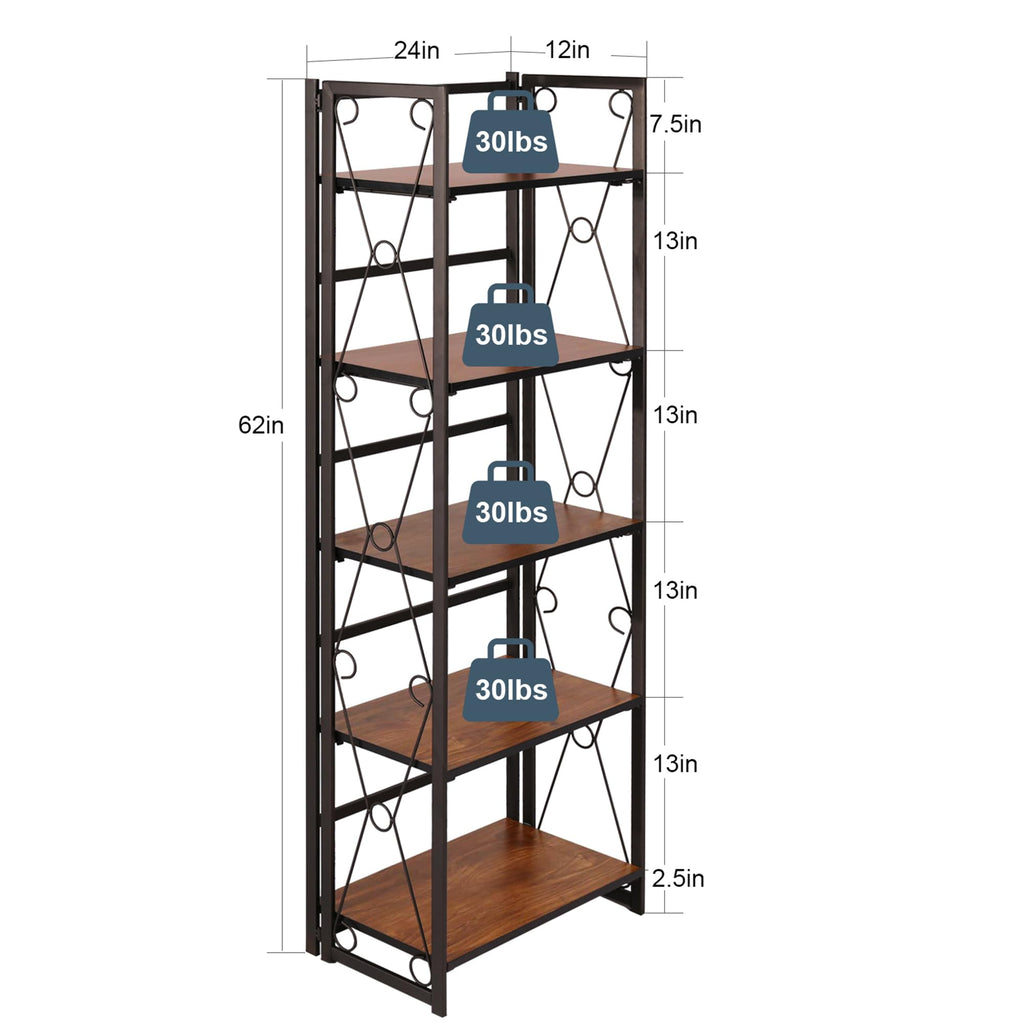 VECELO Folding Bookshelf 5-Tier,Industrial Metal Frame & Wood Shelves,Foldable Bookcase No Assembly Free Standing Storage Organizer for Living Room,Office,Bedroom