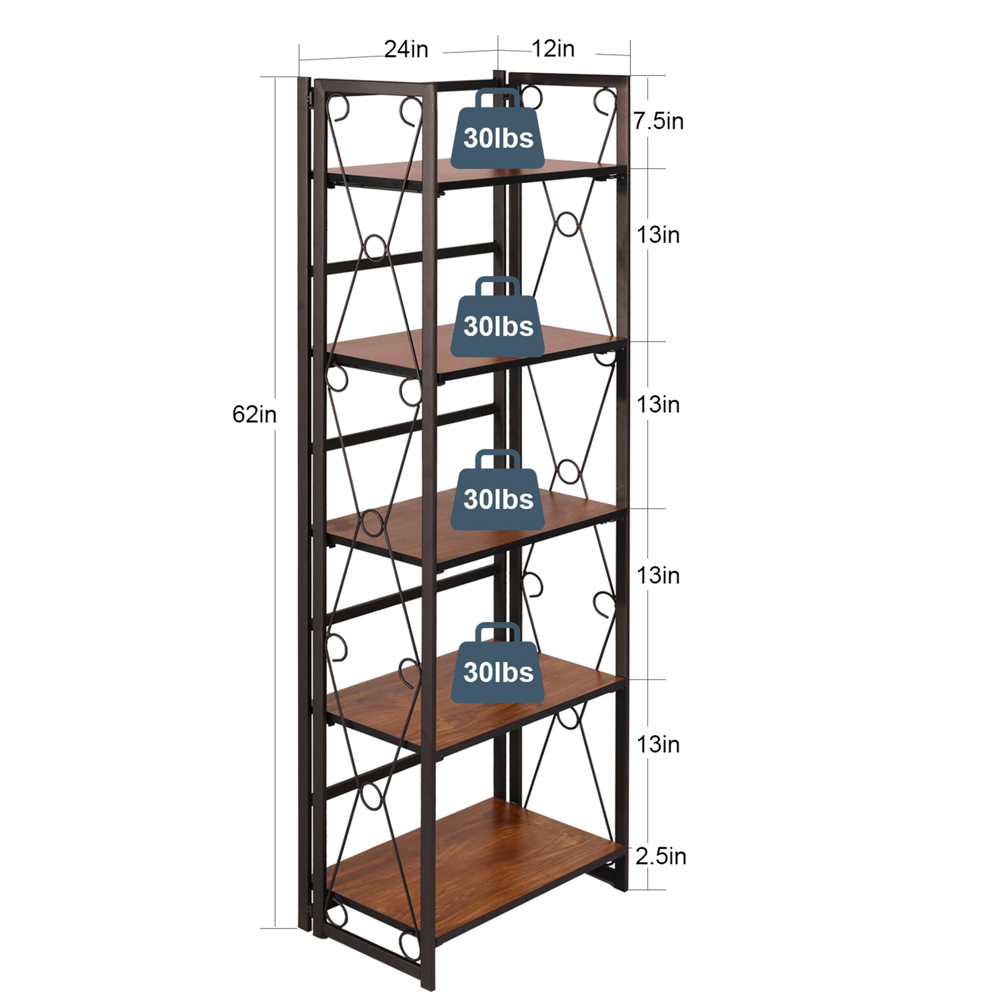 VECELO Folding Bookshelf 5-Tier,Industrial Metal Frame & Wood Shelves,Foldable Bookcase No Assembly Free Standing Storage Organizer for Living Room,Office,Bedroom