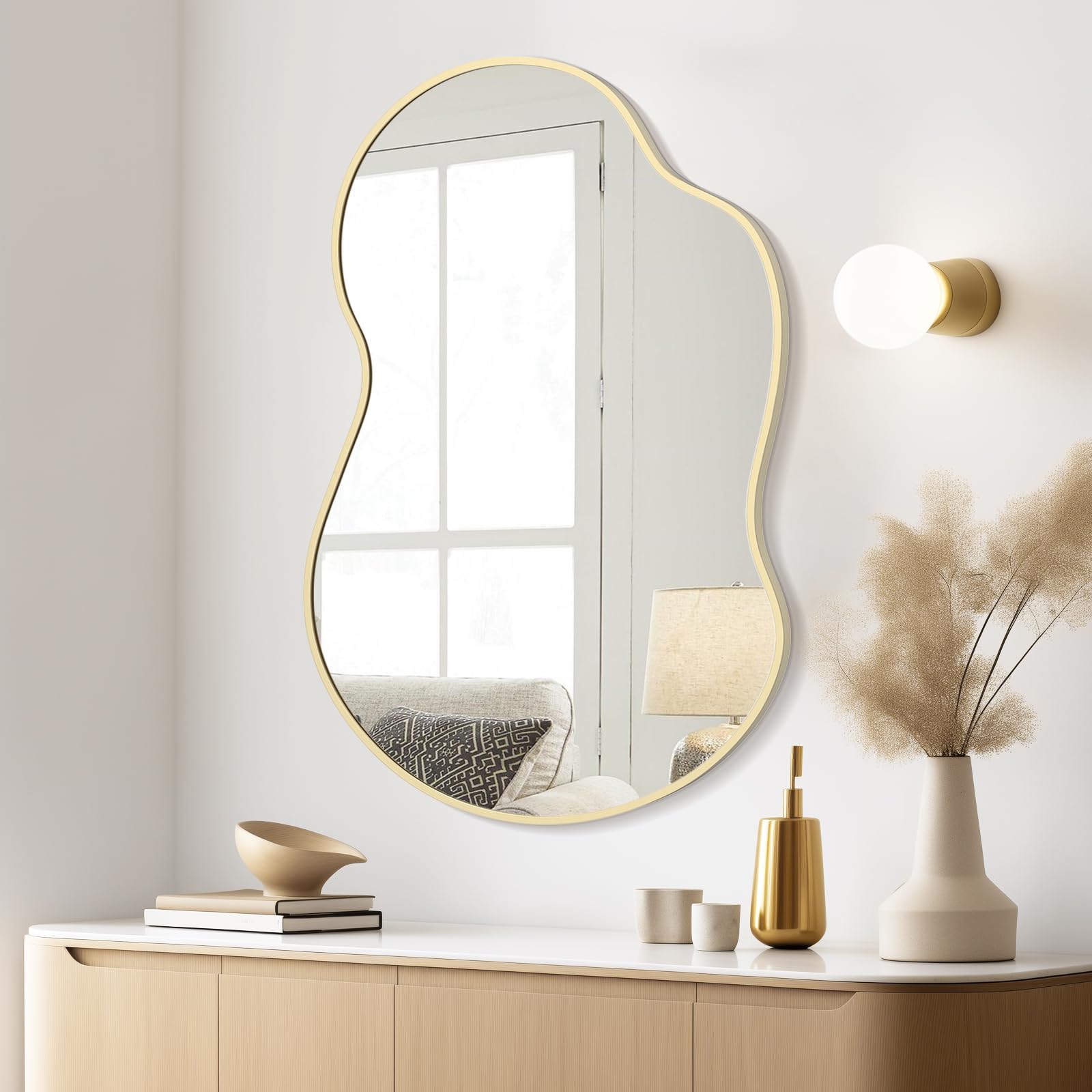 WallBeyond Gold Asymmetrical Mirror, Modern Irregular Wall Mirror with Aluminum Frame for Bedroom, Bathroom, Living Room, and Entryway 36" H x 24" W (Gold)