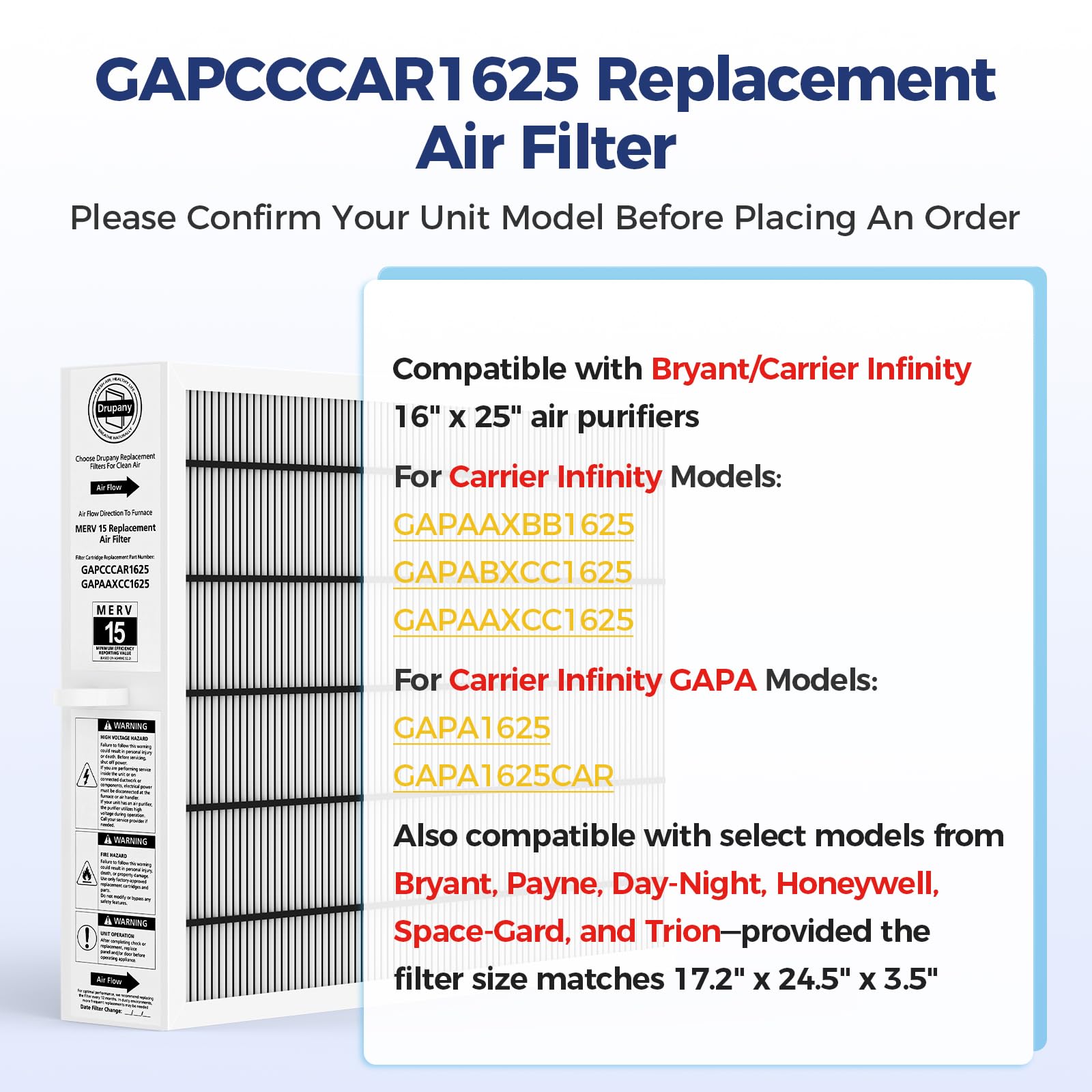 MERV 15 Replacement Filter Compatible with Carrier/Bryant GAPAAXCC1625 Infinity 16" x 25" Air Cleaner, Replaces GAPCCCAR1625, Actual Filter Size 17.2" × 24.5" × 3.5"
