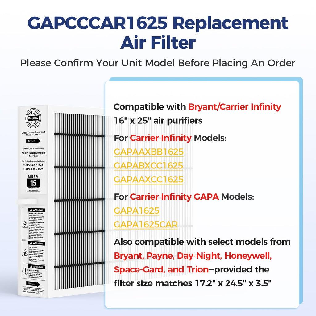 MERV 15 Replacement Filter Compatible with Carrier/Bryant GAPAAXCC1625 Infinity 16" x 25" Air Cleaner, Replaces GAPCCCAR1625, Actual Filter Size 17.2" × 24.5" × 3.5"