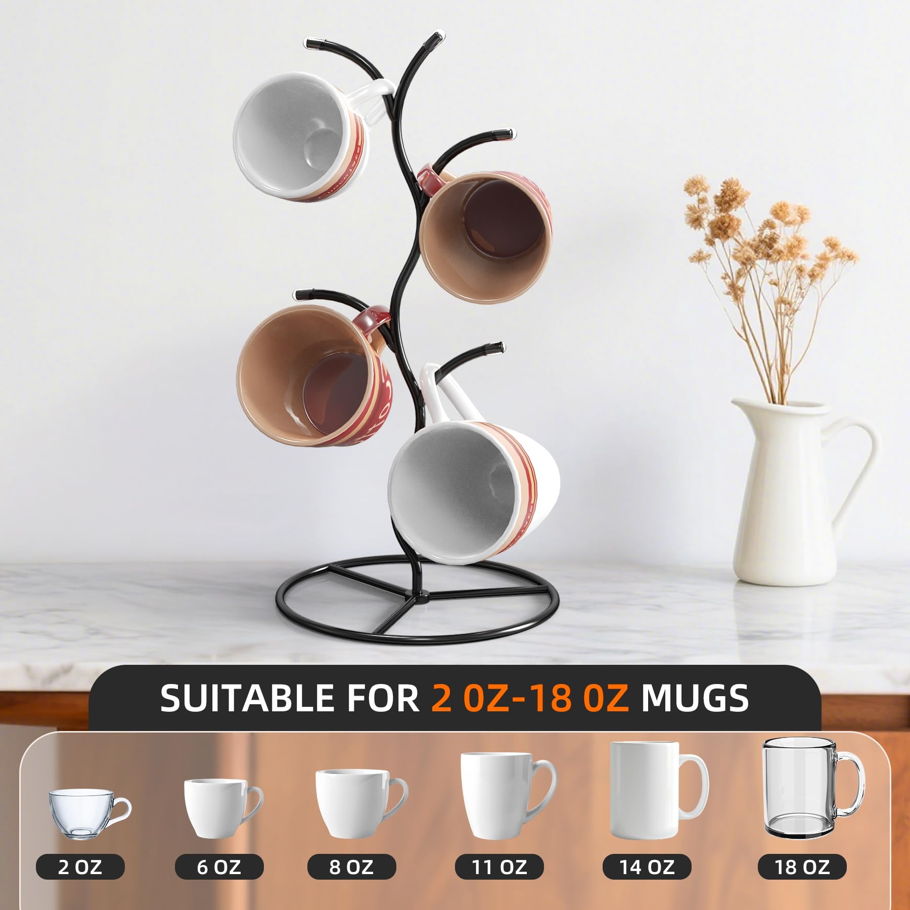 Beesini 2 Pack Mug Holder, Metal Coffee Mug Holders Tree, Decorative Mug Rack, Mug Cup Tree for Kitchen Decor Organizer, Black