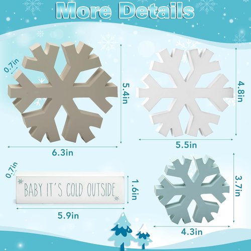 KORMMCO Winter Snowflake Fireplace Decorations - 4Pcs Farmhouse Christmas Decor | Wooden Signs for Tabletop & Shelves (White, Brown, Blue)