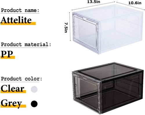 Attelite Shoe Box | Set of 6 Stackable Clear Organizers with Magnetic Door - Fits US Size 12, Black