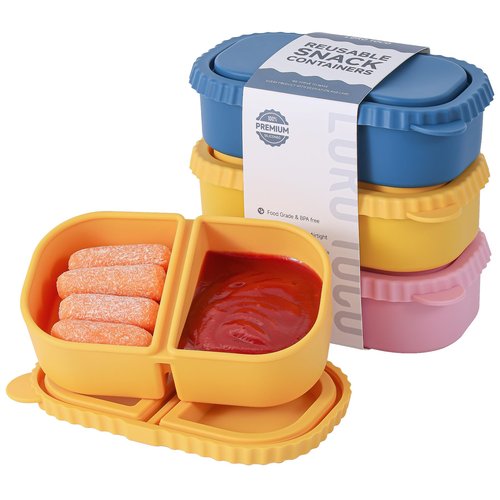 LOROTOCO 3 Pack Silicone Reusable Snack Containers with Lids - 8 oz Double Compartment Snackle Box for Kids & Adults, BPA-Free & Leakproof, Small for Dressing, Snacks, School, Office, Picnic