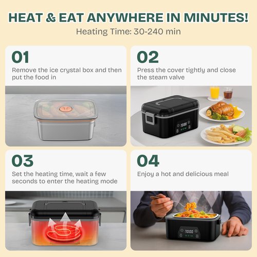 BOSPEWTSE Cordless Heated Lunch Box, Smart Timer Automatic Heating Food Warmer for Adults, 5.5-Cup Portable Electric Lunch Container with Handheld Insulated Bag（Dark Black）