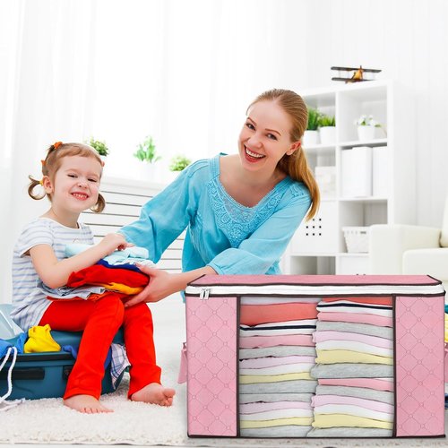 Budding Joy 90L Large Storage Bags - 6 Pack Foldable Closet Organizers for Blankets & Pillows | Pink