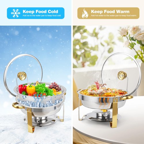 GarveeHome Chafing Dish Buffet Set 2 Pack 5 QT, Stainless Steel Round Chafing Dishes for Buffet With Lid Holder & Glass Lid, Buffet Servers and Warmers for Parties, Wedding, Camping, Dinner, Gold