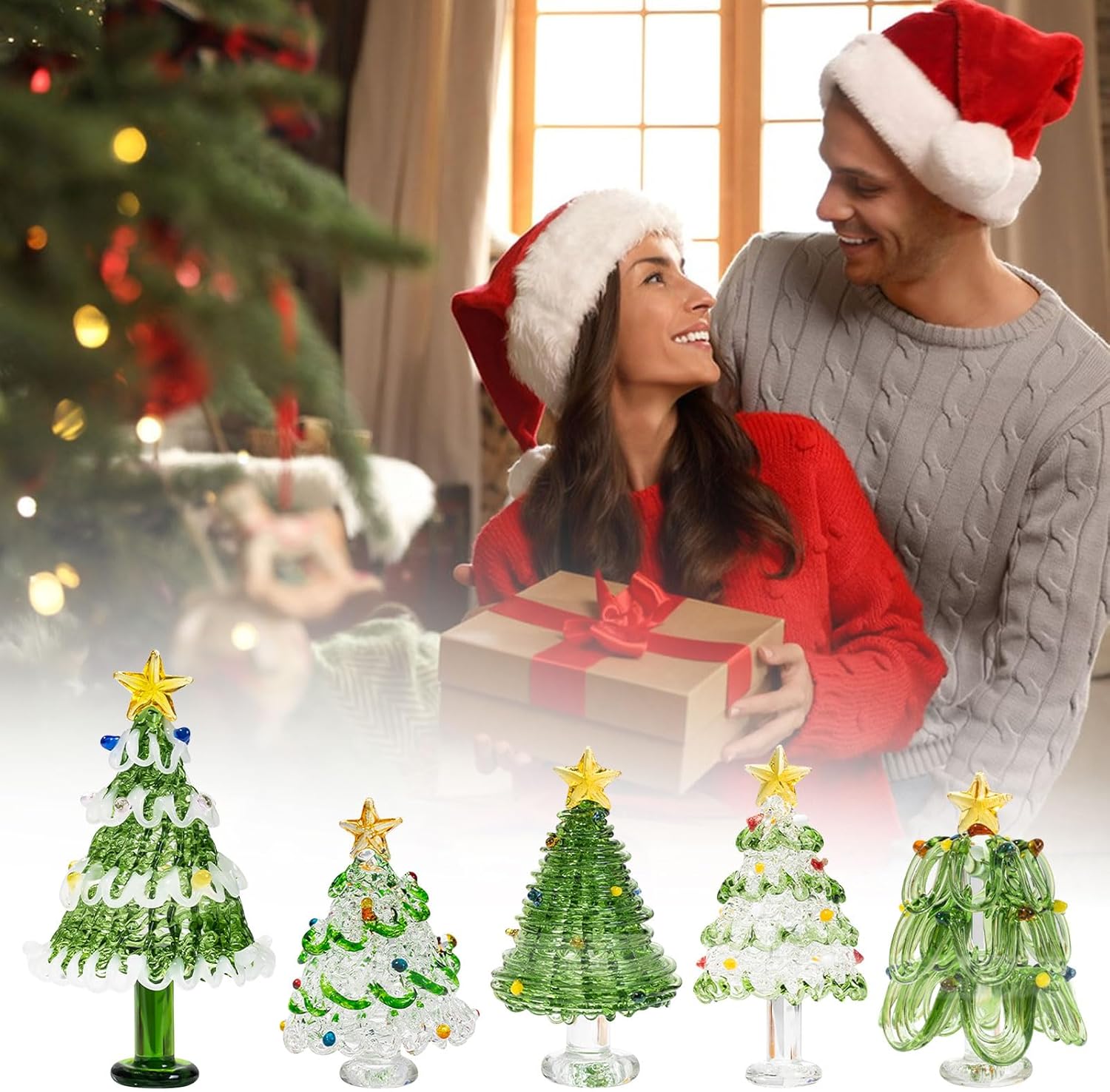 Skiennix Mini Crystal Christmas Tree Figurine - Hand Blown Glass for Festive Home Decor | Winter Ornament