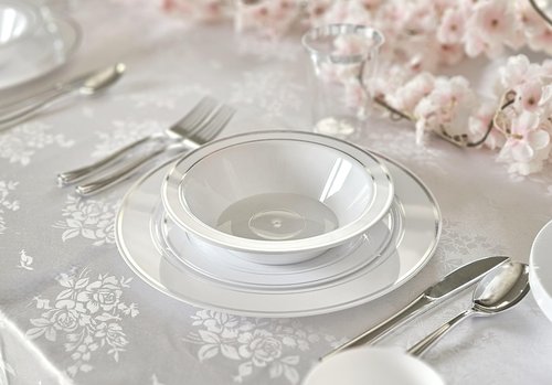 " OCCASIONS " 40 Piece Chargers pack Wedding Party 12'' Disposable Plastic Charger Plates/Chargers (White & Silver Rim)