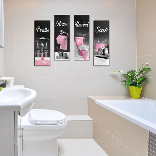 Honoson Bathroom Decor Wall Art - 4 Pcs Farmhouse Signs for Relaxation | Black & Pink