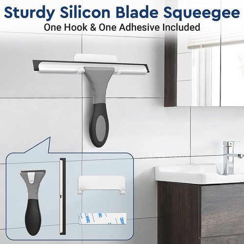 All-Purpose Silicone Shower Squeegee for Glass, Window, Door, Mirror, Car Windshield & Tile Wall, Portable Cleaner Tools, Includes One Hook & One Adhesive,10 Inches (Gray)