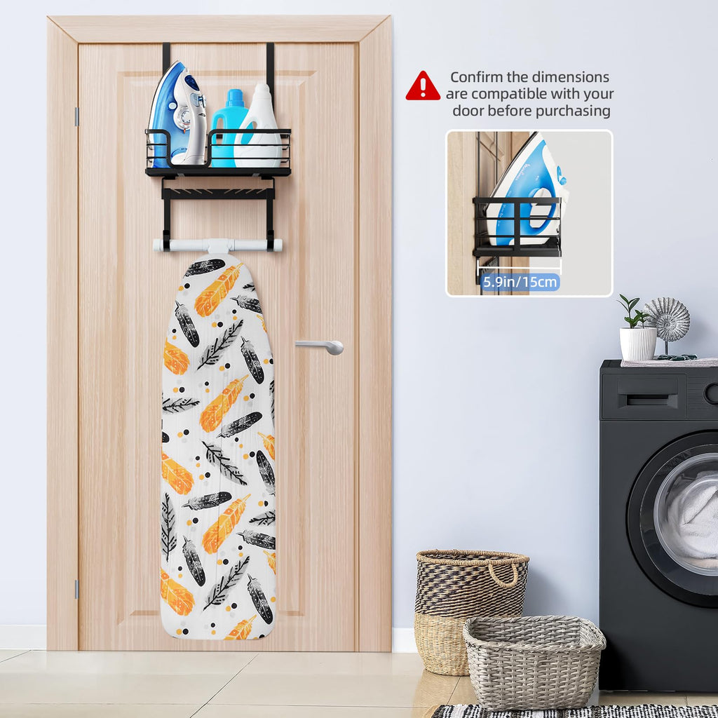 TJ.MOREE Over the Door/Wall Mount Ironing Board Hanger, Laundry Room Iron and Ironing Board Caddy Storage for Water Mister, Fabric Sprays, Laundry Detergent