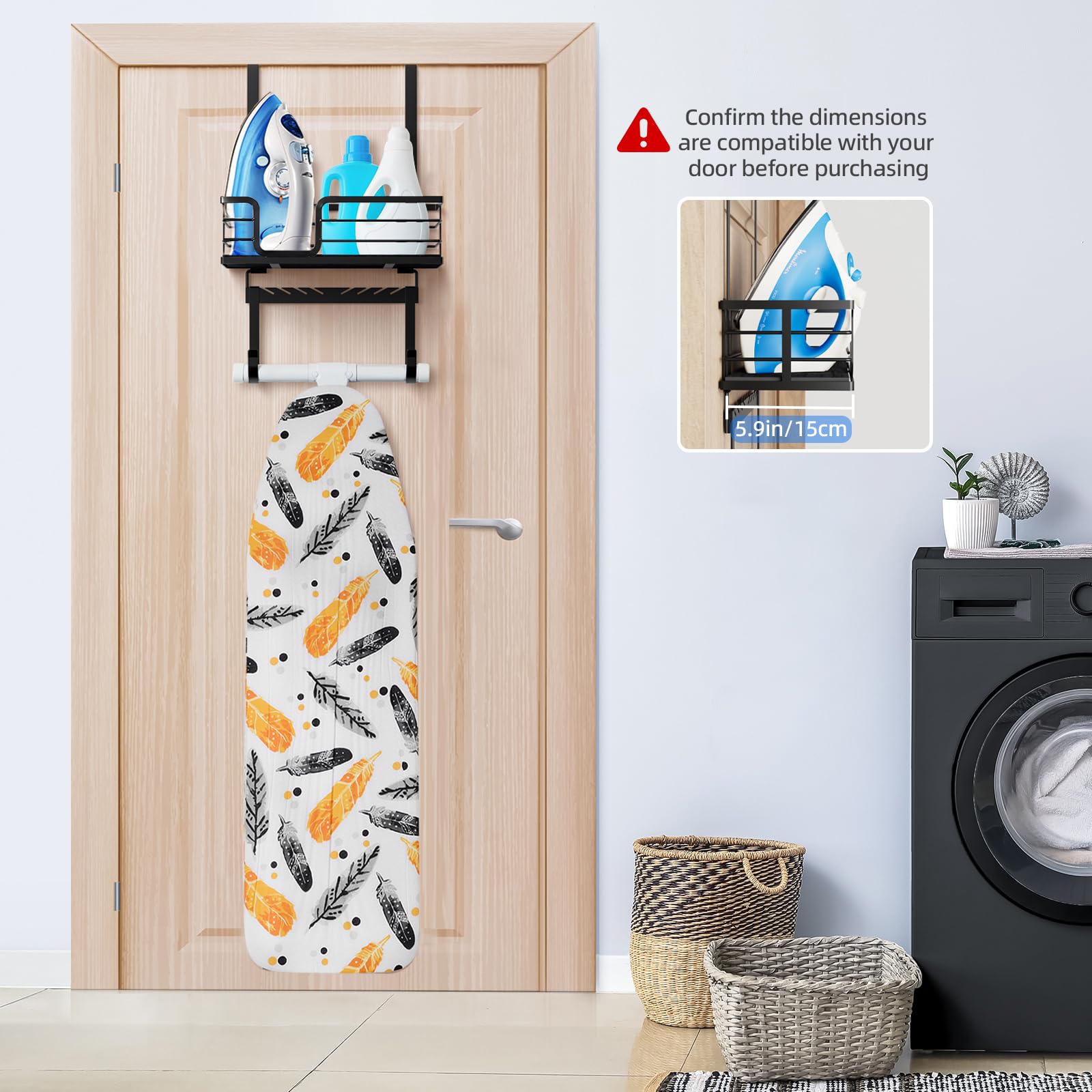 TJ.MOREE Over the Door/Wall Mount Ironing Board Hanger, Laundry Room Iron and Ironing Board Caddy Storage for Water Mister, Fabric Sprays, Laundry Detergent