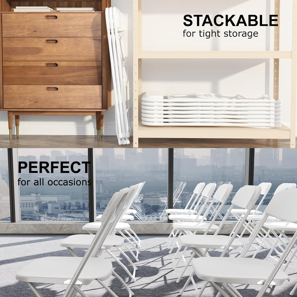 Regine Switzerland 10-Pack White Folding Chairs - Portable, Stackable Plastic Seats for Events | 350lbs Capacity
