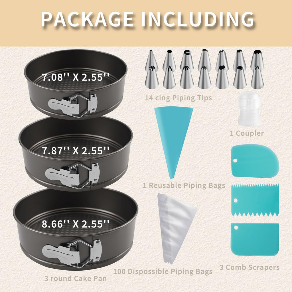 Yumatouch 122PCs Cake Pan Sets for Baking, 7/8/9 Inch Round Cake Pans, Nonstick Springform Cake Pans, Cheesecake Baking Pans with 100 Pcs Piping Bags, 16 Pcs Nozzles, 3 Pcs Scrappers