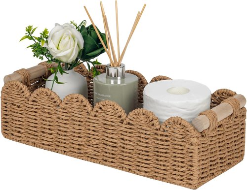 CubesLand Toilet Paper Storage Basket - Scalloped Edge Design with 2 Wooden Handles | Neutral Color, Small Size