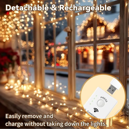 HXWEIYE 300L Curtain Lights - 50 LED Rechargeable Fairy Lights with DIY Timer & 8 Modes | 16FT, Plug-In
