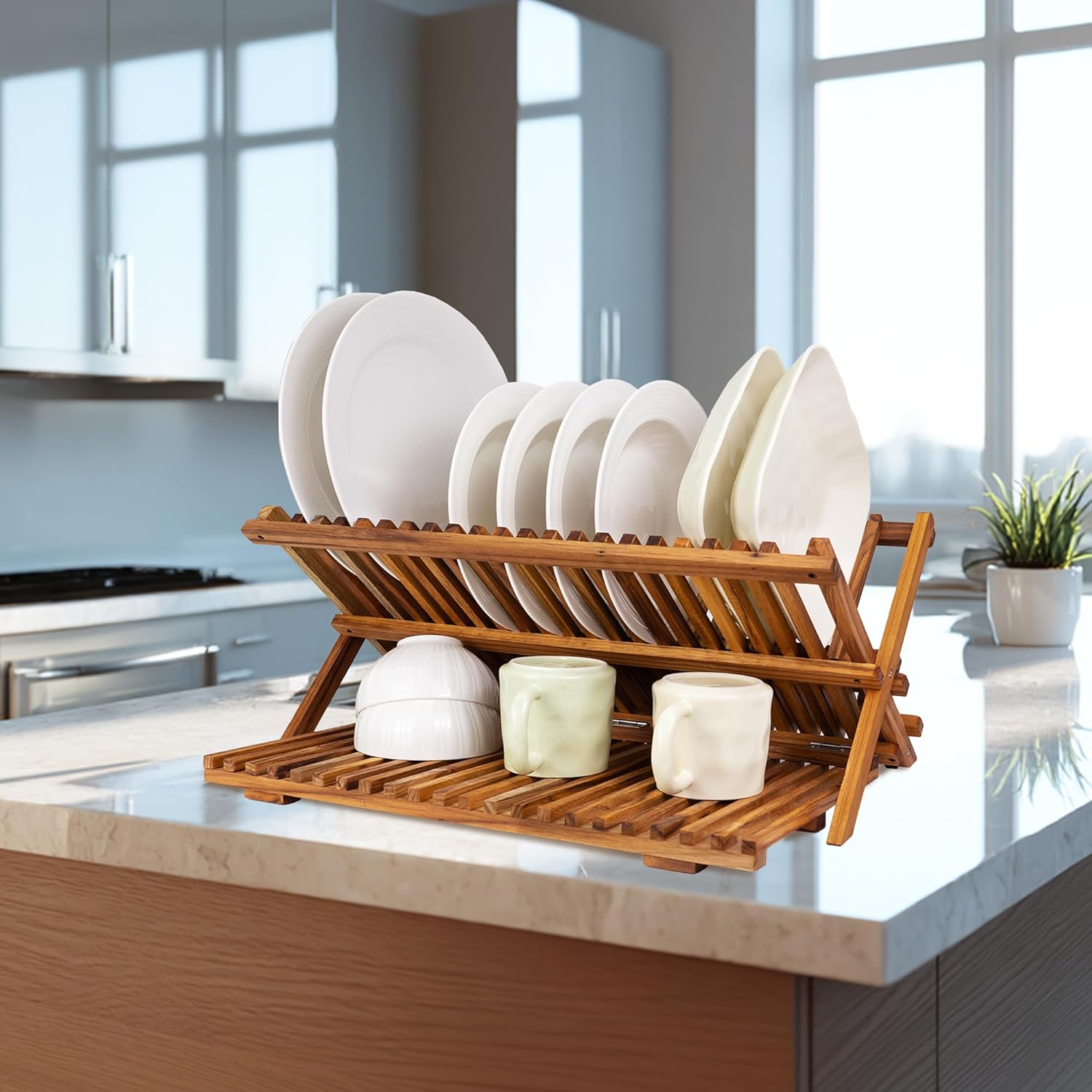 Utoplike Large Teak Dish Drying Rack - 3-Tier Collapsible Wooden Kitchen Organizer for Plates & Cups