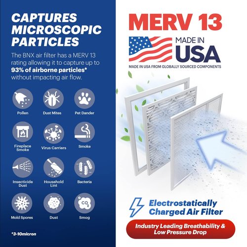 BNX TruFilter 16x25x1 MERV 13 Air Filters (4-Pack) - Electrostatic Pleated for Allergies & Smoke