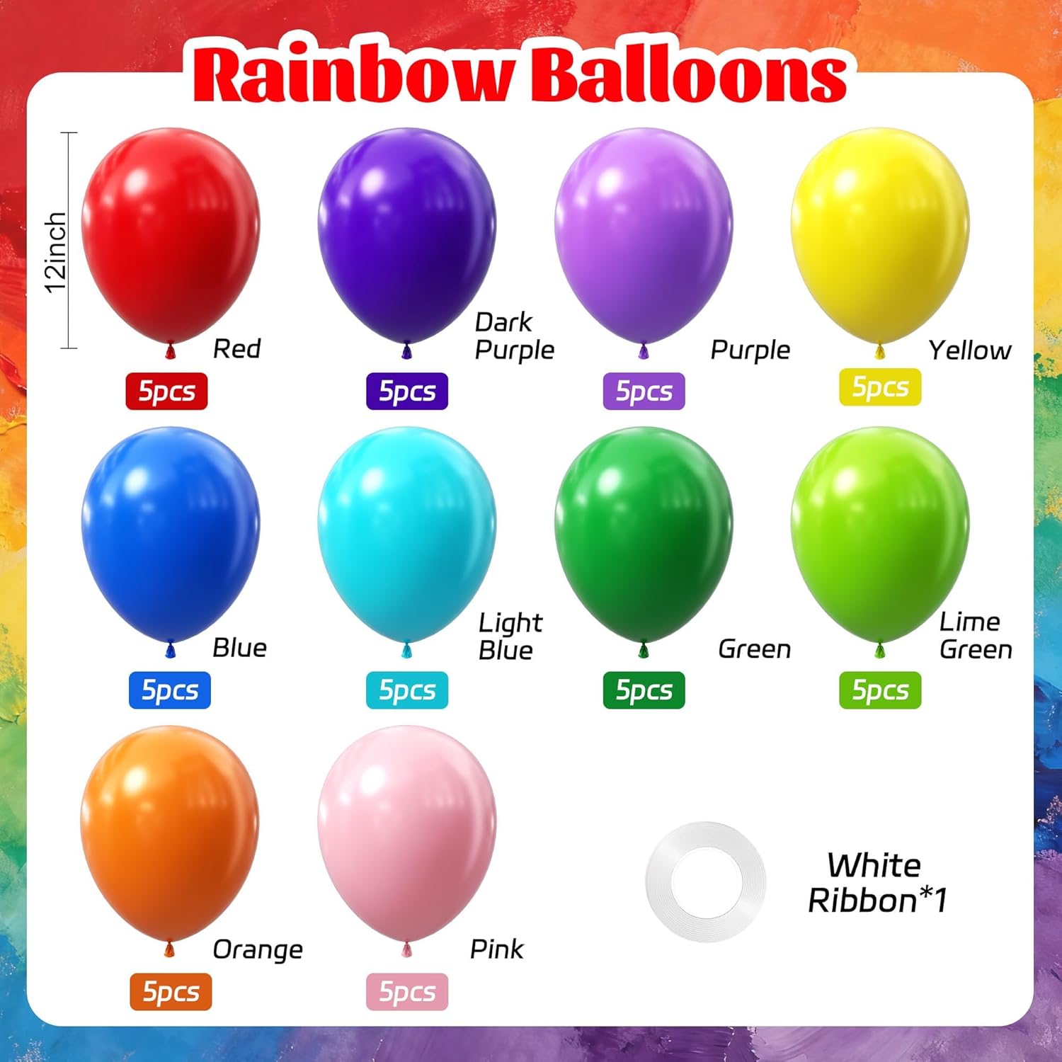 Rainbow Balloons | 12-Inch Latex Balloons - 50 Pack for Colorful Baby Shower & Birthday Decorations