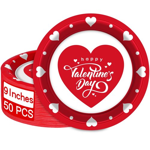 QZYL 50 PCS Valentines Plates, Disposable Round Heart Plate, 9" Paper Happy Valentine Day Design Red Heart Plates Love Plate, Love Valentines Decorations for Party Wedding Birthday Anniversary