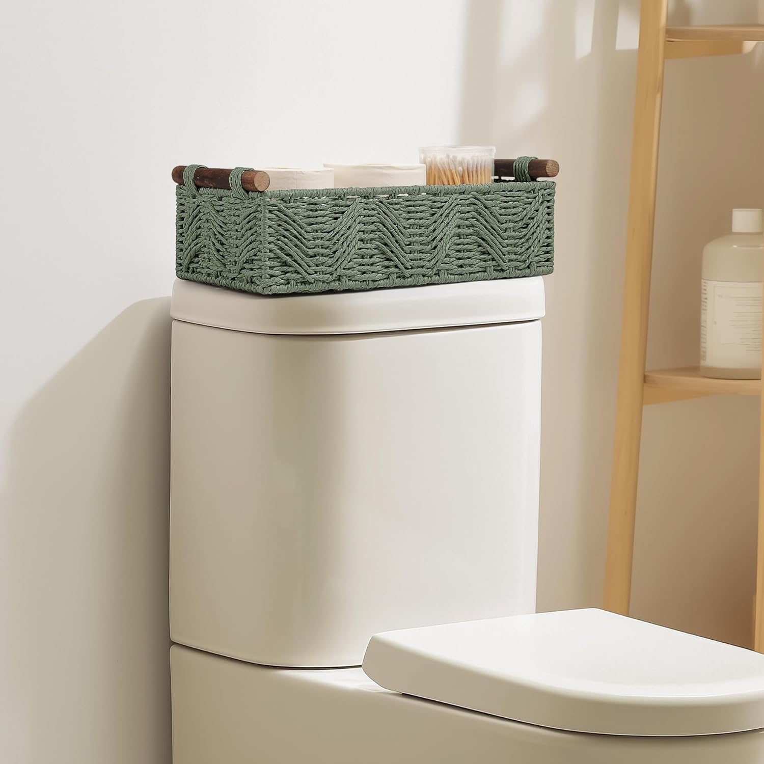 Skiennix Bathroom Baskets - Decorative Organizing Set with Handle for Countertop Storage | Green