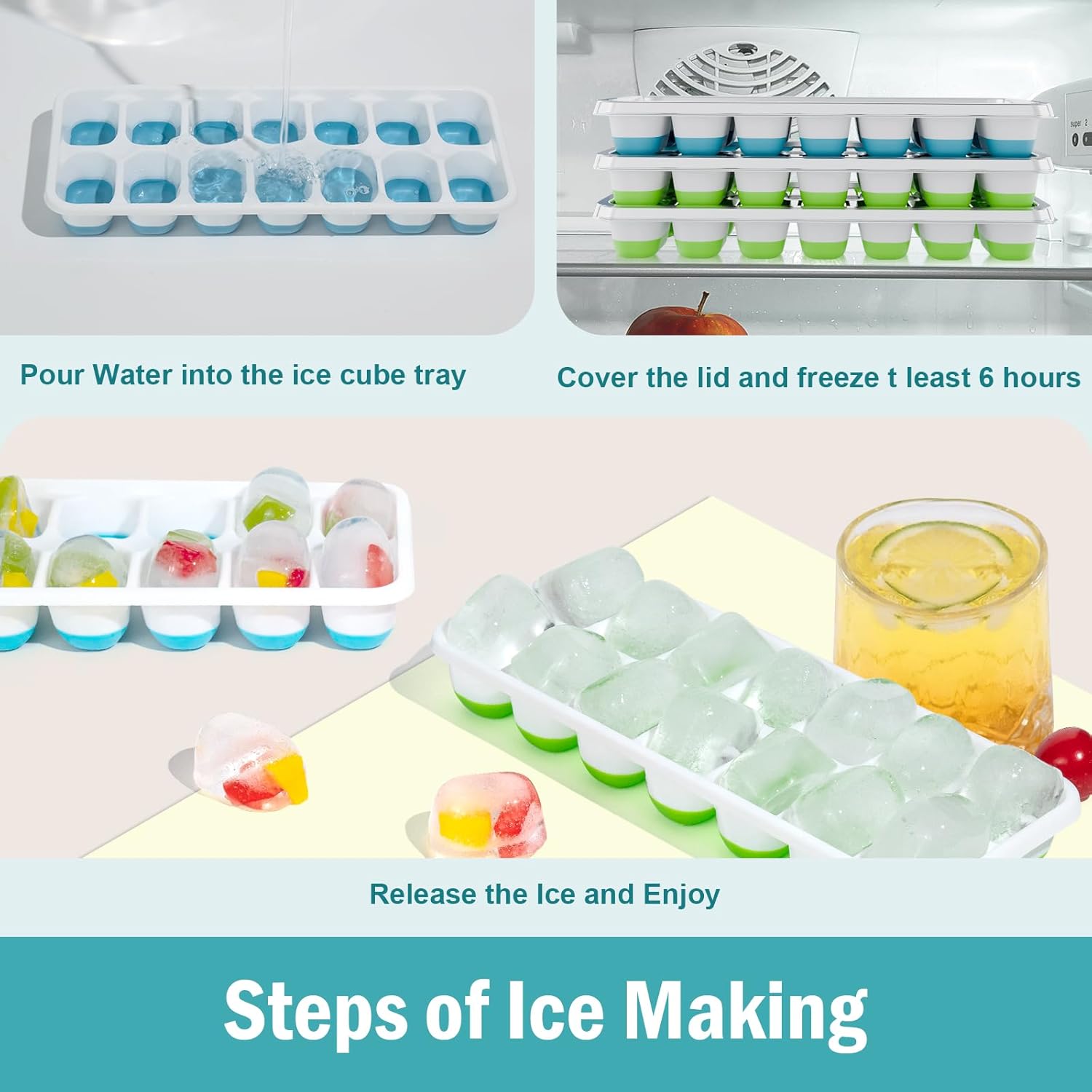 Skiennix Ice Cube Trays - Easy-Release Silicone with Spill-Resistant Lids | BPA-Free & Stackable