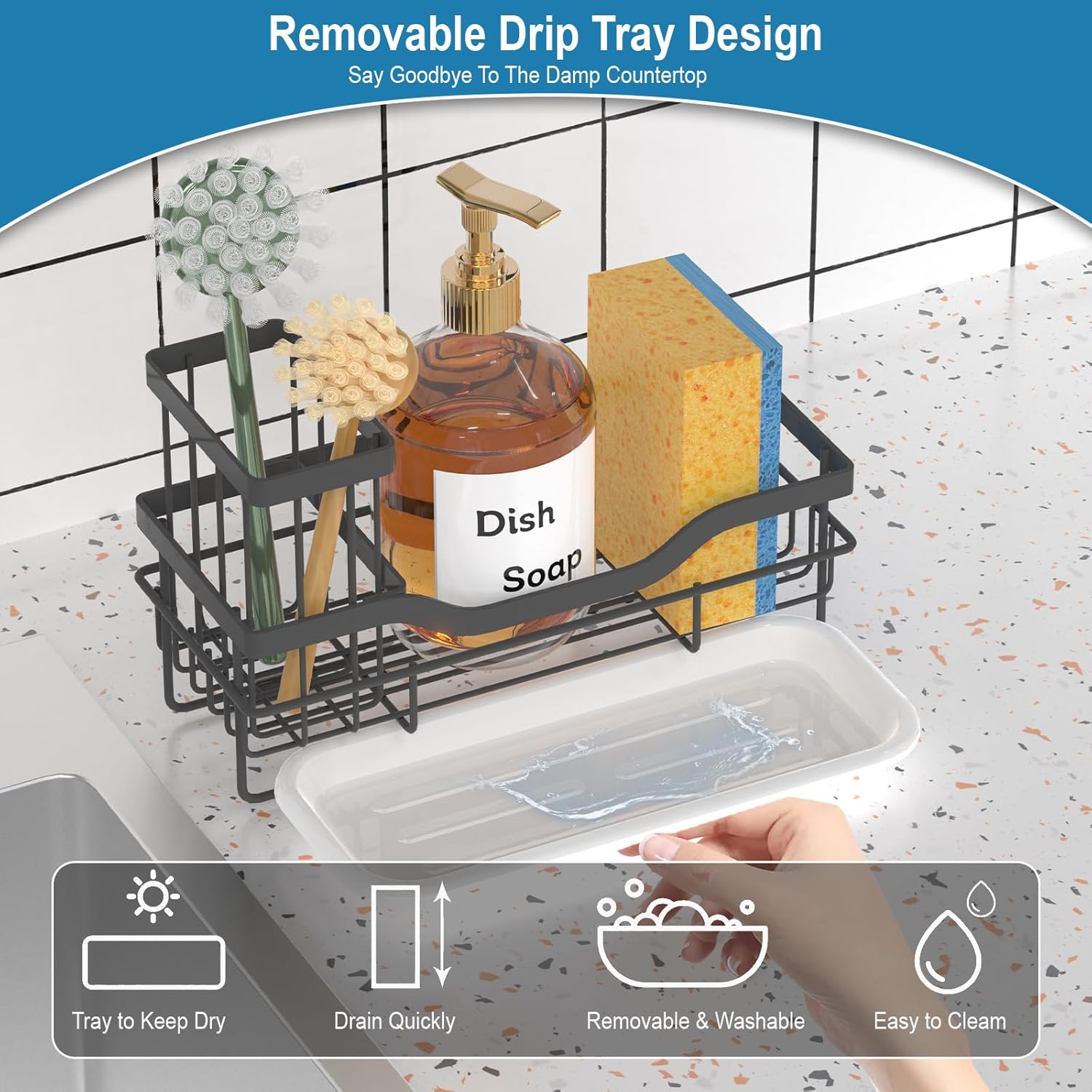 Skiennix Kitchen Sponge Holder - Multifunctional Rustproof Sink Organizer with Detachable Brush Holder & Drain Tray