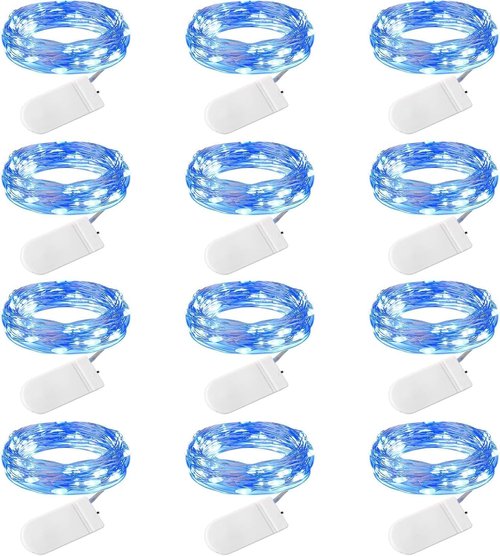 Brightown 12 Pack LED Fairy Lights - Waterproof Battery Operated Silver Wire String Lights | 7 Feet, Blue & White for Weddings, Parties, and Home Decor